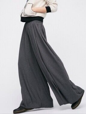Free People Beach Love Me Wide Leg Palazzo Pants Gray Ribbed Bohemian Size L